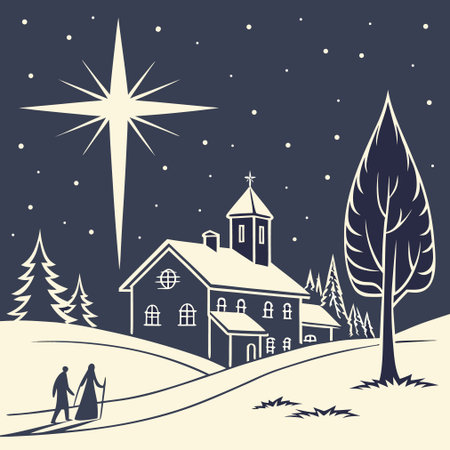 Christmas card with christmas tree and holy family. Vector illustration.のイラスト素材