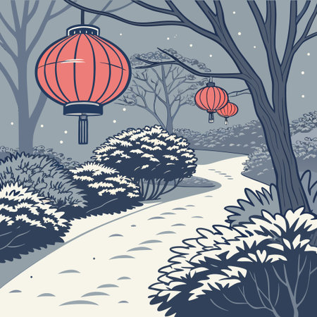 Winter landscape with red lanterns in the forest. Vector illustration.のイラスト素材