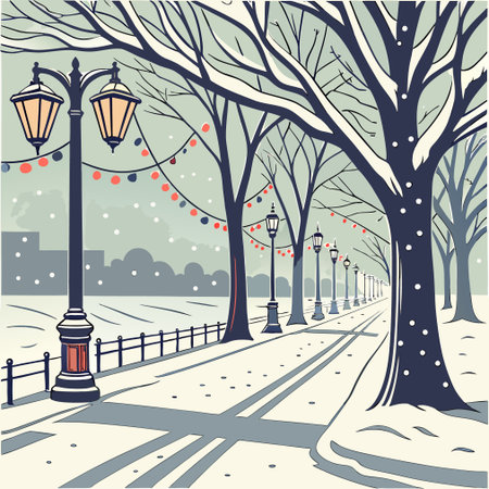 Winter city street with lanterns and trees. Vector illustration in retro style.のイラスト素材