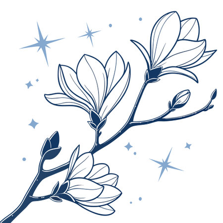 Magnolia branch with flowers and stars. Hand drawn vector illustration.のイラスト素材