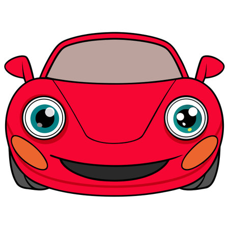 Cartoon red car with big eyes. Vector illustration isolated on white background.のイラスト素材