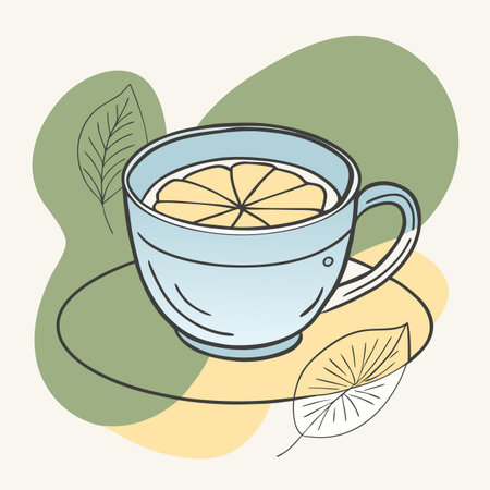 Cup of tea with lemon and leaves. Hand drawn vector illustration.のイラスト素材