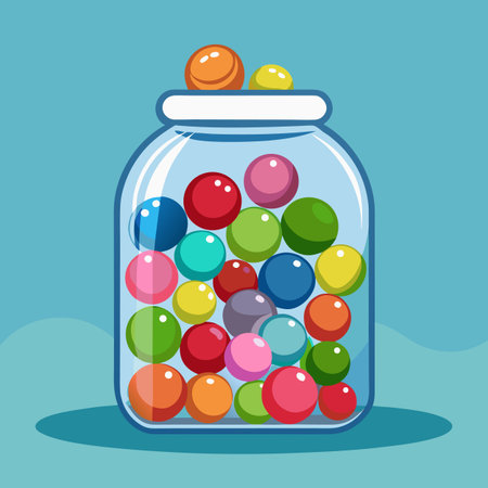 Colorful gumballs in glass jar. Vector illustration in flat styleのイラスト素材
