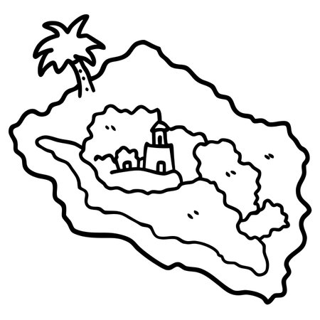 freehand drawn black and white cartoon island with lighthouse and palm treeのイラスト素材