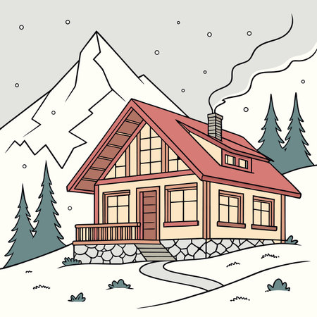 A charming cabin nestled in a snowy mountain landscape, complete with smoke rising from the chimney, evoking a sense of warmth and tranquility.のイラスト素材