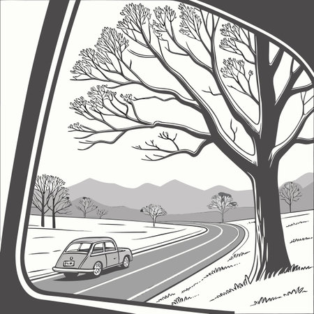 A vintage car drives along a winding road through a winter landscape, as seen from inside another vehicle. Bare trees and snow-covered fields create a serene scene.のイラスト素材