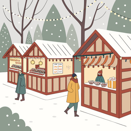 Illustration of a winter market with people browsing stalls selling goods under a snowy sky, creating a festive and cozy atmosphere.のイラスト素材