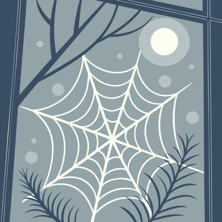 A stylized illustration of a spiderweb against a night sky with a full moon, framed by trees and foliage, creating a spooky atmosphere.のイラスト素材