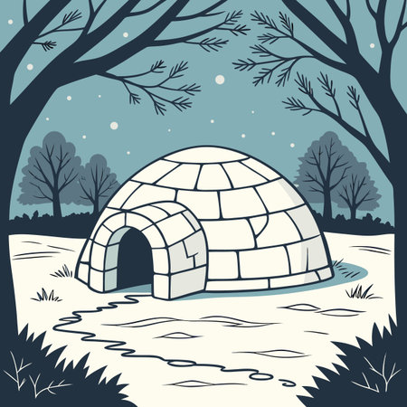 A cartoon illustration of an igloo in a snowy winter landscape, surrounded by trees and falling...