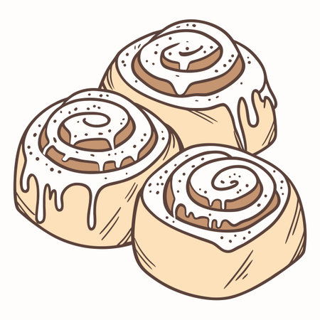 A delightful illustration of three freshly baked cinnamon rolls, generously drizzled with sweet icing, perfect for breakfast or dessert.のイラスト素材