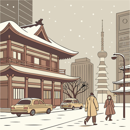 A snowy day in Tokyo, featuring traditional architecture, modern skyscrapers, and people walking in the snow.のイラスト素材