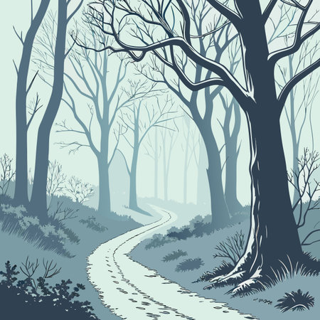 A tranquil illustration of a winter forest with a winding path covered in snow, surrounded by bare trees in a muted color palette.のイラスト素材