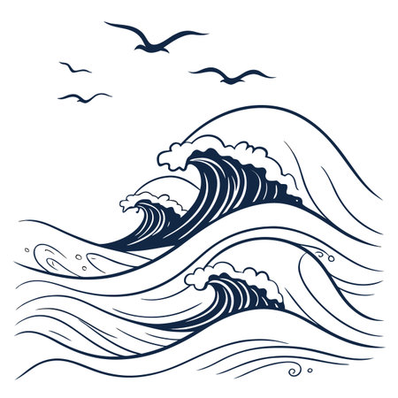 Clean and simple abstract interpretation of ocean waves using flowing curves and soft white tones for a peaceful look.のイラスト素材