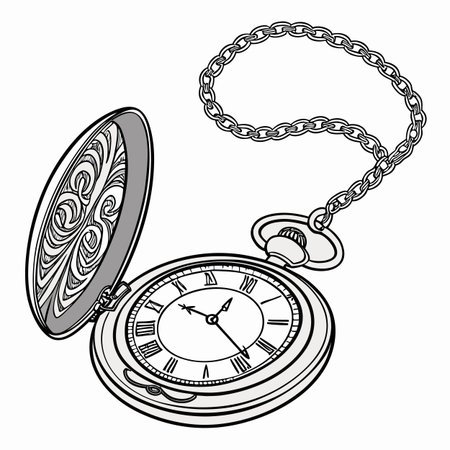 A detailed line art graphic of a classic closed pocket watch on a plain white background, perfect for time-related concepts.のイラスト素材