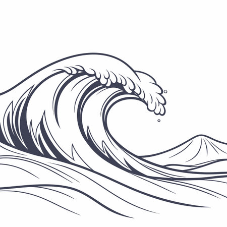 A minimalist line art representation of a single ocean wave, conveying movement and serenity.のイラスト素材