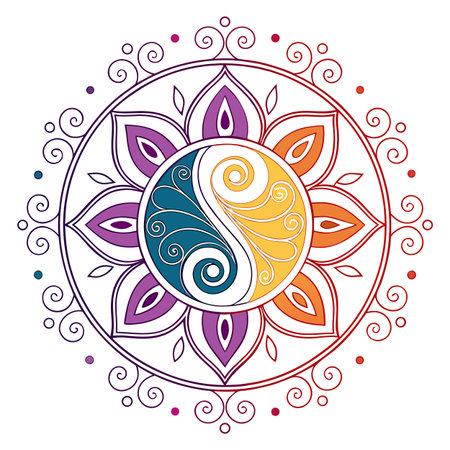 Intricate chakra inspired circular design featuring symmetrical geometric patterns for meditation and holistic health branding.のイラスト素材