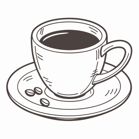 Clean flat illustration of a hot coffee or tea cup with a saucer, representing a breakfast or cafe theme.のイラスト素材