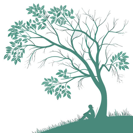 A serene minimalist vector illustration of a tree, featuring soft green tones and simple forms, evoking nature, tranquility, and environmental consciousness.のイラスト素材