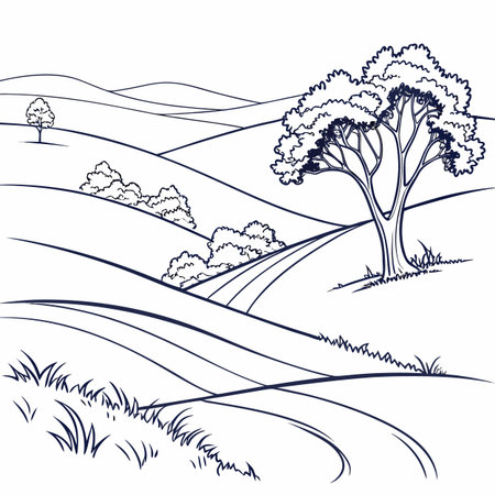 A clean line art illustration of a rolling hill landscape set against a white background. Evokes nature, outdoors, and serene environments with a simple, modern aesthetic.のイラスト素材