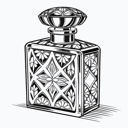 Showcasing sophisticated design, this luxury perfume bottle features subtle glass reflections, perfect for beauty and lifestyle branding on white.のイラスト素材