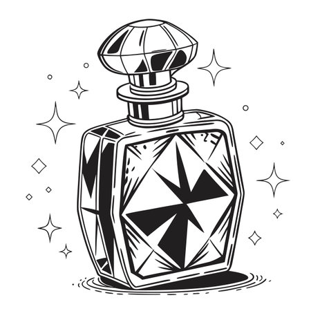 A glamorous luxury perfume bottle showcasing elegant design and subtle glass reflections, ideal for beauty and fashion concepts on a white background.のイラスト素材