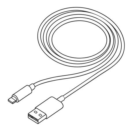 A clean, minimalist vector illustration showcasing a charging cable neatly coiled and presented against a bright white background, symbolizing order and efficiency.のイラスト素材