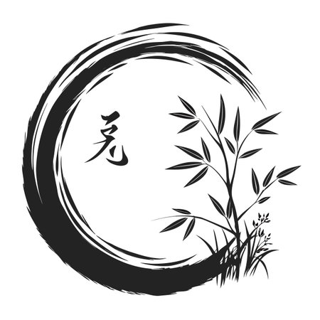 A serene minimalist Zen circle, or Enso, created with a traditional brush stroke style on a crisp white background, symbolizing completeness.のイラスト素材