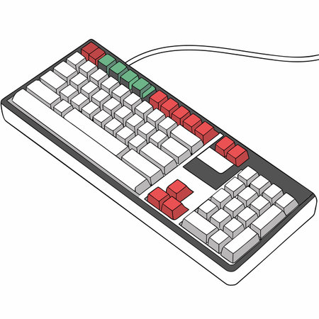 An angled view of a clean white mechanical keyboard, featuring crisp keys and a modern aesthetic, ideal for technology, gaming, or office-related content.のイラスト素材