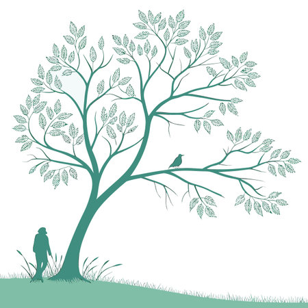 A clean, modern minimalist illustration featuring a tree with soft green tones, symbolizing nature, growth, and environmental concepts.のイラスト素材