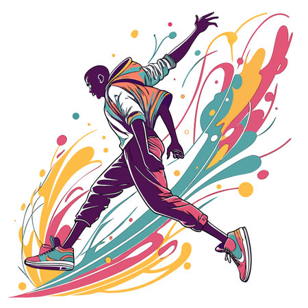 Artistic vector illustration of a multicolored paint splash with fluid motion and energetic splatters.のイラスト素材