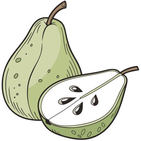 Vibrant and juicy green pear slice with realistic moisture details, isolated on white. Great for organic food packaging.のイラスト素材