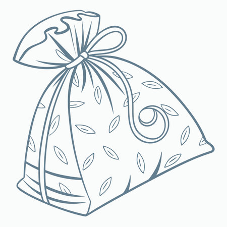 A minimalist line art illustration of a gift wrapped in cloth with a traditional knot, representing eco-friendly packaging.のイラスト素材