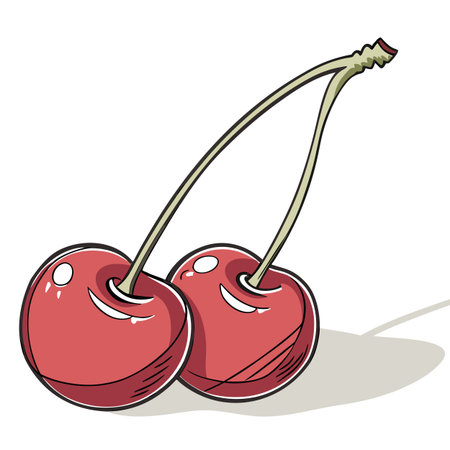 A pair of fresh, glossy red cherries with a green stem isolated on white background, ideal for food...