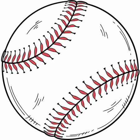 A clean vector graphic of a classic white baseball featuring iconic red stitched seams, perfect for sports fans and athletic themes.のイラスト素材