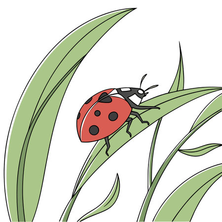 A detailed macro illustration of a tiny, vibrant red ladybug resting gracefully on a lush green leaf, isolated on a clean white background.のイラスト素材