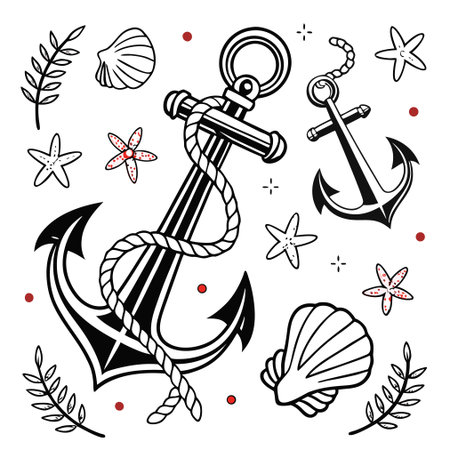 A vibrant flash sheet featuring traditional style anchor tattoos with bold outlines, perfect for nautical or biker themes.のイラスト素材
