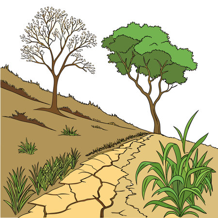 A landscape design illustrating the transition from a dry, arid area to a lush, water-wise garden, promoting sustainable and drought-tolerant practices.のイラスト素材