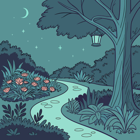 A visualization of a night garden, softly illuminated by magical glowing plants and subtle lighting, creating a serene and enchanting atmosphere.のイラスト素材