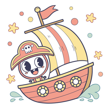A delightful and approachable pirate ship designed as a cartoon character, perfect for whimsical and child-friendly projects.のイラスト素材