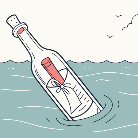 A single message in a bottle drifts in the calm water, depicted in a clean, minimalist vector style.のイラスト素材