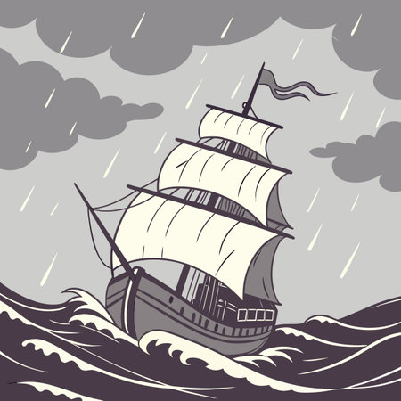 This stylized illustration captures a pirate ship navigating a turbulent, stormy sea, emphasizing a...