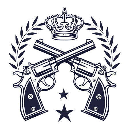A sophisticated vector art piece depicting crossed royal pistols topped with a regal crown emblem, signifying authority and elegance.のイラスト素材