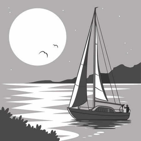 A captivating monochrome vector art piece showing a sailboat under a prominent moon, evoking a sense of quiet mystery.のイラスト素材