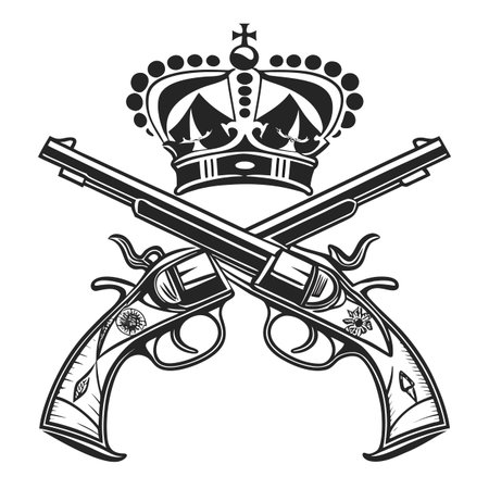 Elegant vector illustration of crossed royal pistols crowned with an emblem, suggesting power, nobility, and historical conflict.のイラスト素材