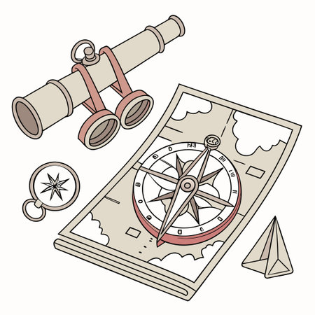 A top-down view of a flat lay arrangement featuring vintage navigation tools like a compass, sextant, and map, presented in a stylized illustration.のイラスト素材