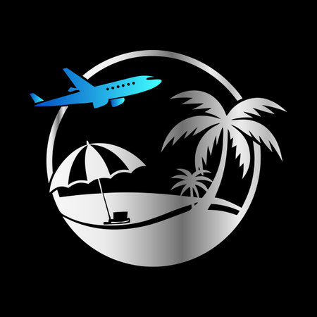 Airplane, palm trees and umbrella on a black background. Vector illustration.のイラスト素材