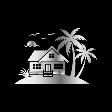 House with palm trees and birds on black background. Vector illustration.のイラスト素材