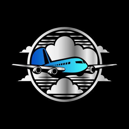 Airplane logo with clouds and sun. Vector illustration on black background.のイラスト素材