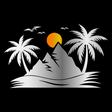 Silhouette of island, palm trees and sunset. Vector illustrationのイラスト素材
