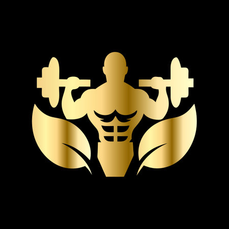 Fitness logo template. Bodybuilder silhouette with dumbbells.のイラスト素材